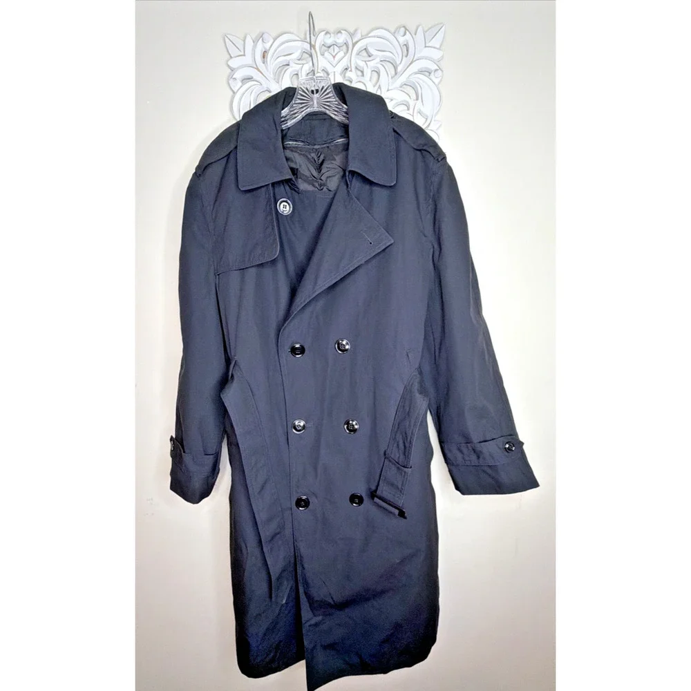 Men's Black Trench Coat 42S Double Breasted Removable Zip Liner All Weather Coat